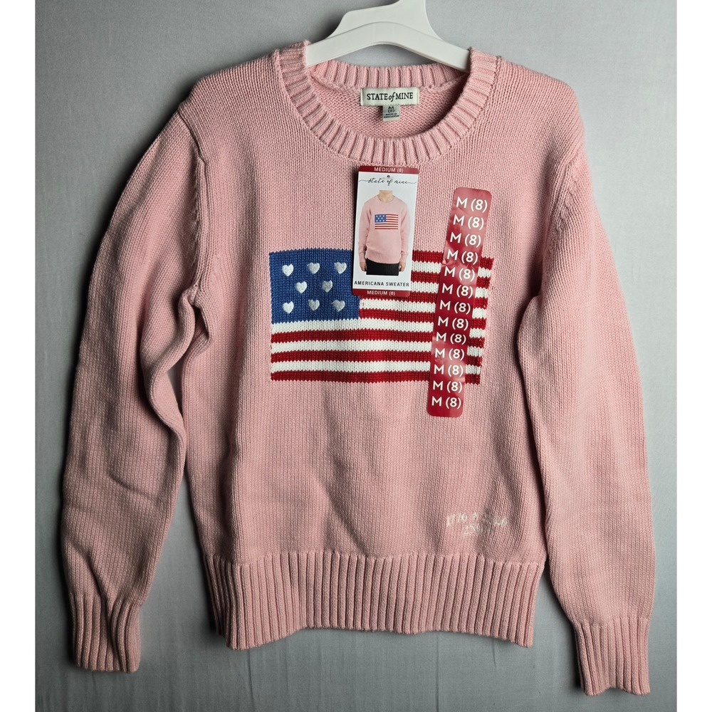 State of Mine Kids Pink Americana American Flag Heart Sweater Size M 8 NWT